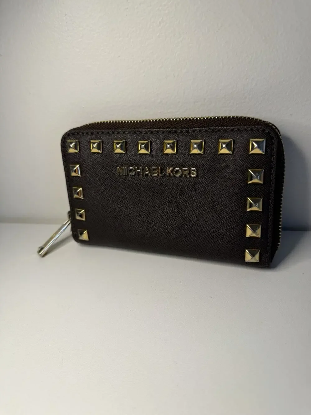 Michael Kors Saffiano Leather Studded Zip Around Wristlet Wallet Brown Gold
